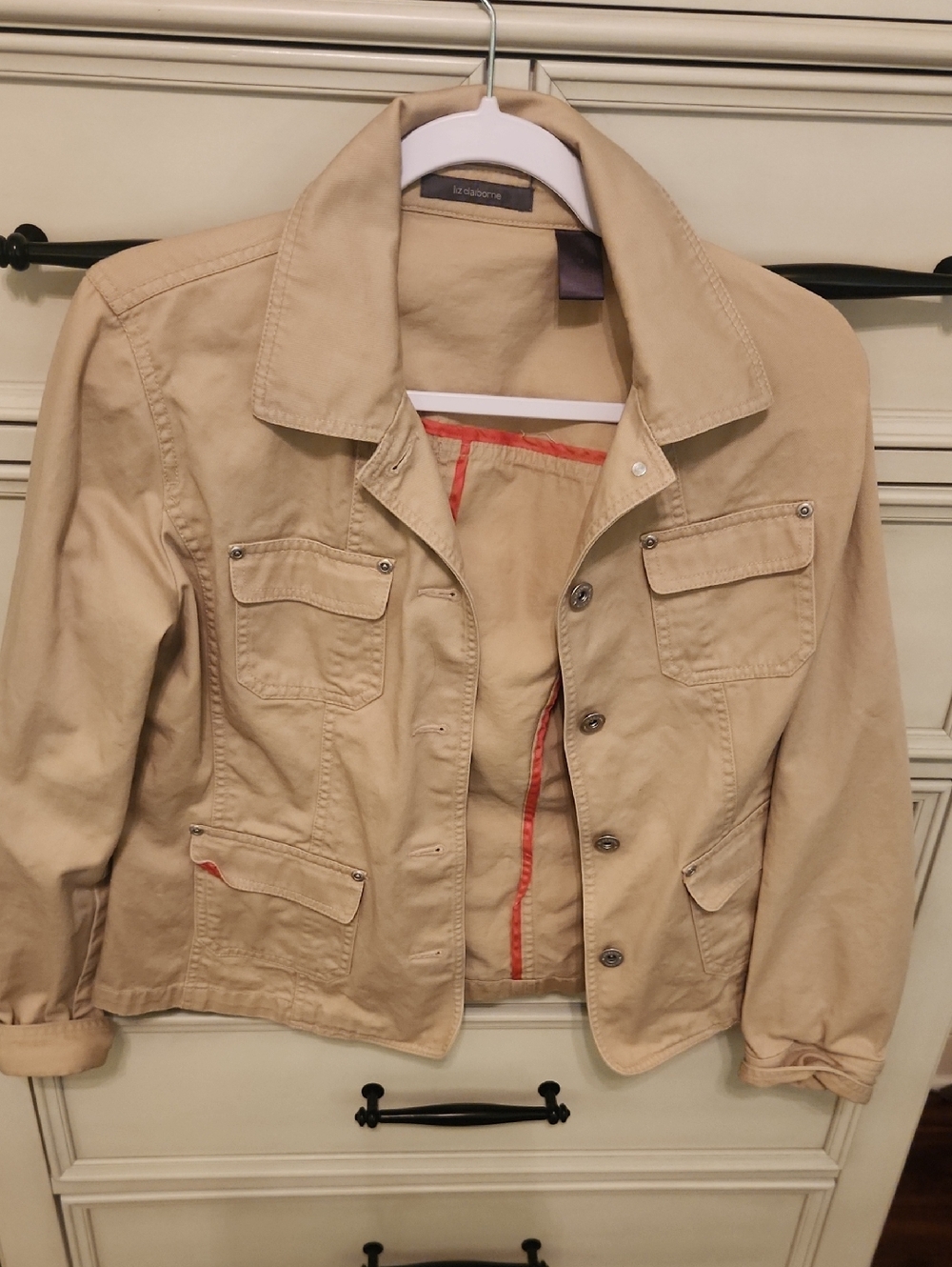 Liz Claiborne Khaki Utility Jean Jacket with Red Trim
